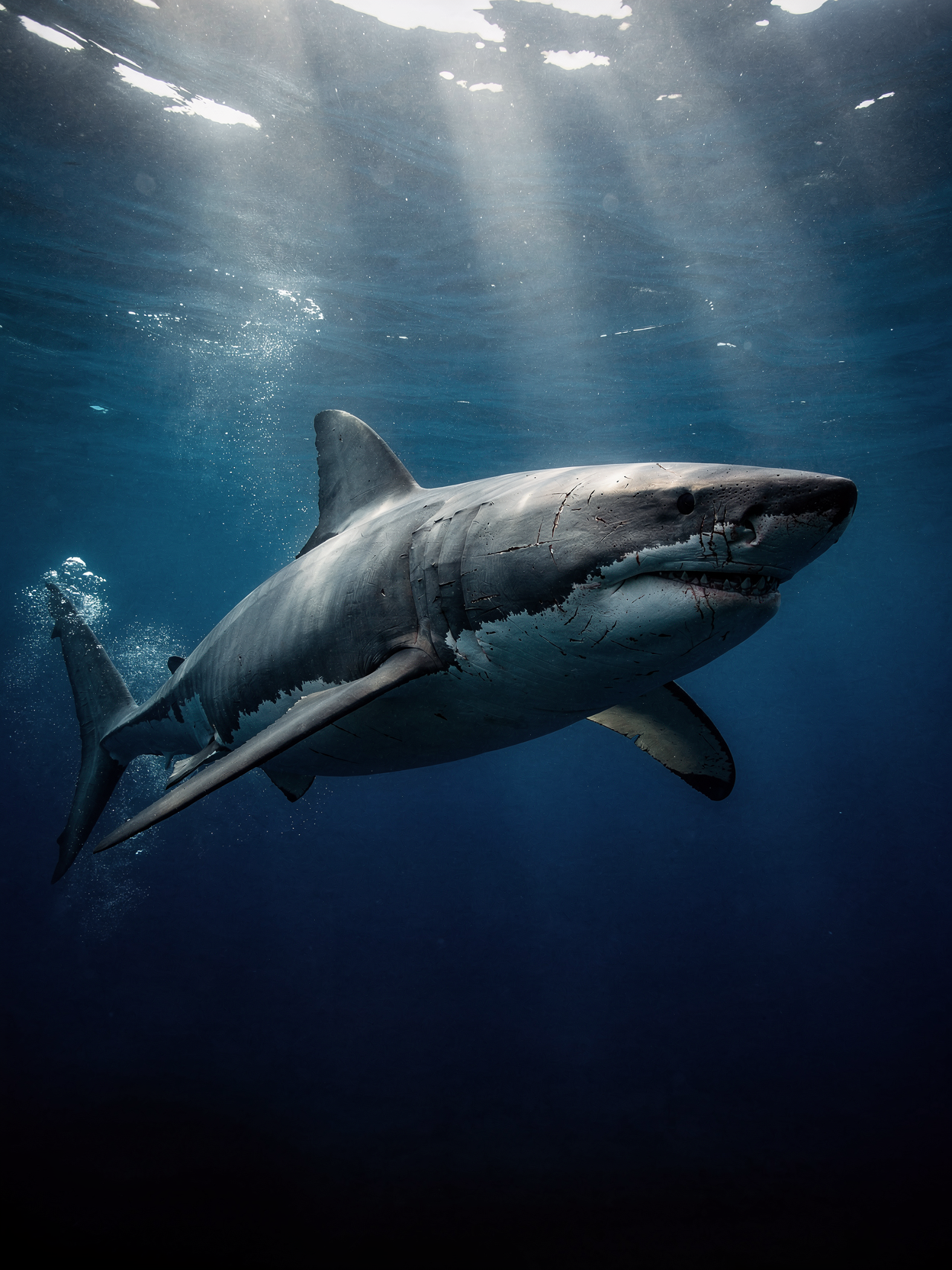 Great white shark in clear blue water — representing dominant AI visibility and market authority